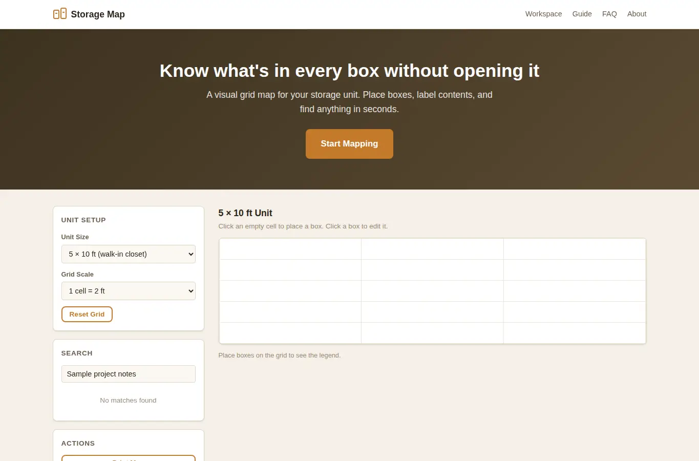 Screenshot of Storage Unit Inventory Map interface showing the project page in use